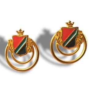 Gold Plate Pierced Earrings Artistic Faux Peach Stones Crest Circle Design